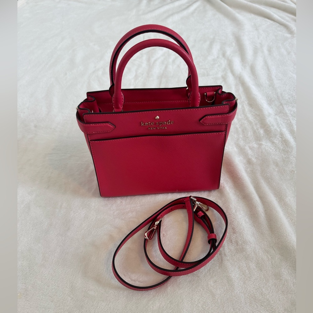 kate spade Raspberry/ Pink Satchel Bag with Crossbody strap and silver accents